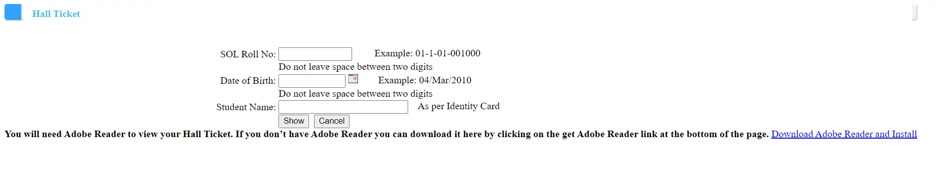 sol admit card