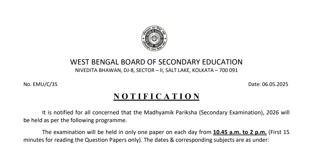 Madhyamik Routine Notification